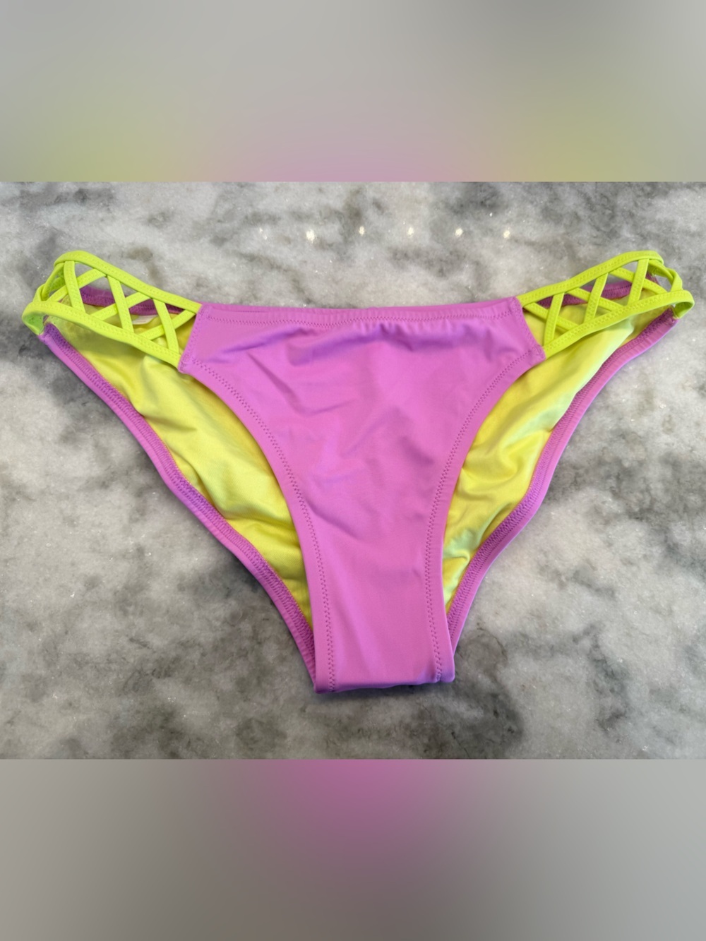 Victoria’s Secret Pink Neon Strappy Bikini Bottom Colorblock L Sexy Strappy